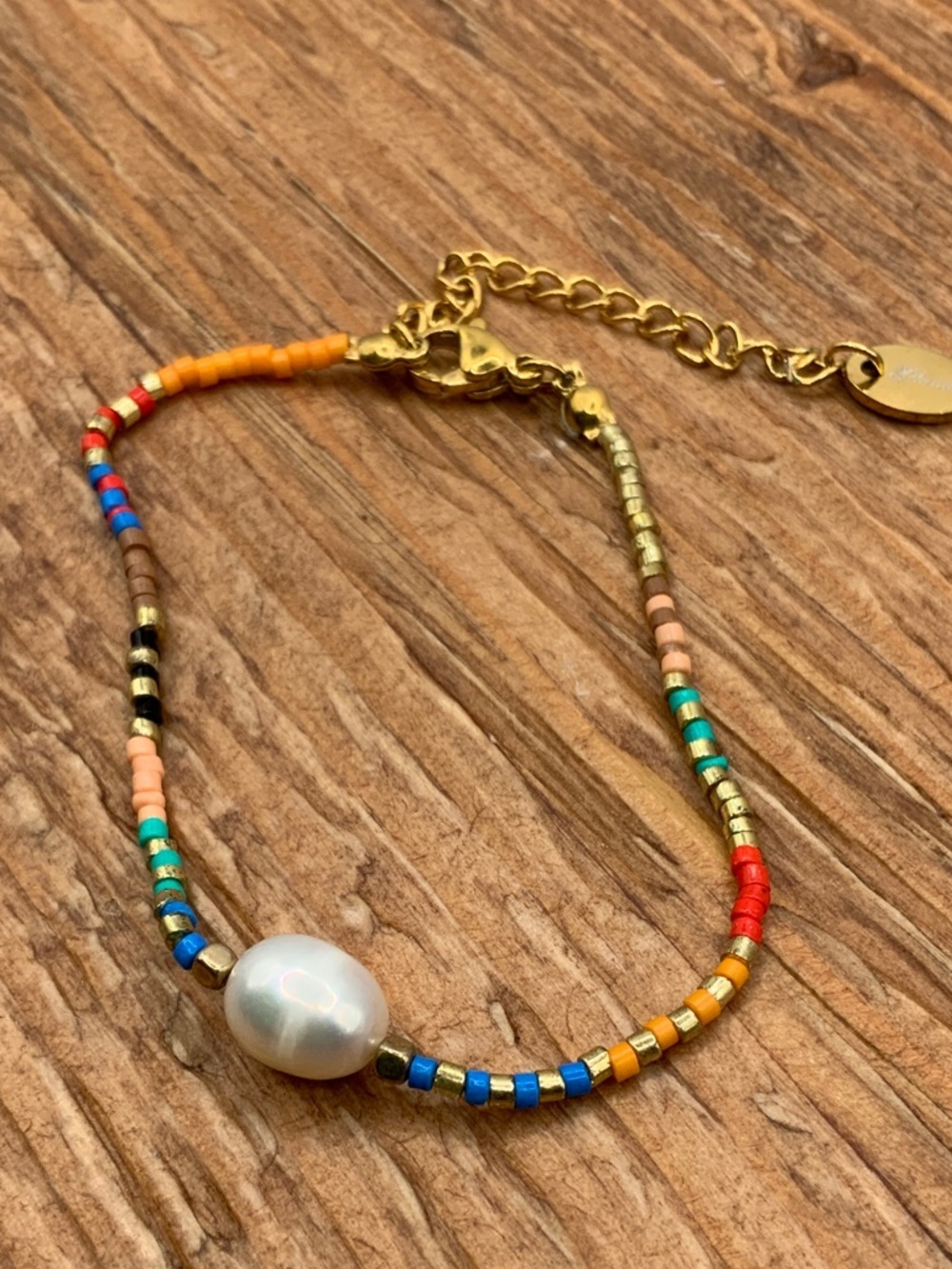 Plunder Design Multicolor Beaded Gold Tone Faux Pearl Chain Bracelet